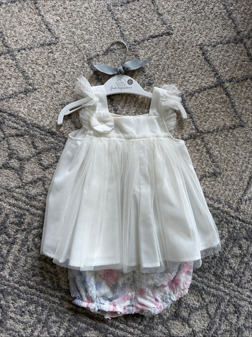 First Impressions White Tulle Dress Top with Floral Puff Sleeves